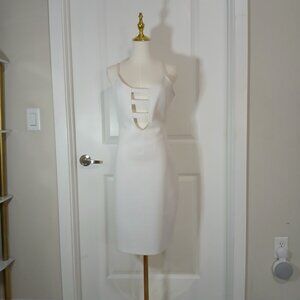 Bodycon Midi Dress Women’s Size L White Deep V Strappy Front Cocktail Party